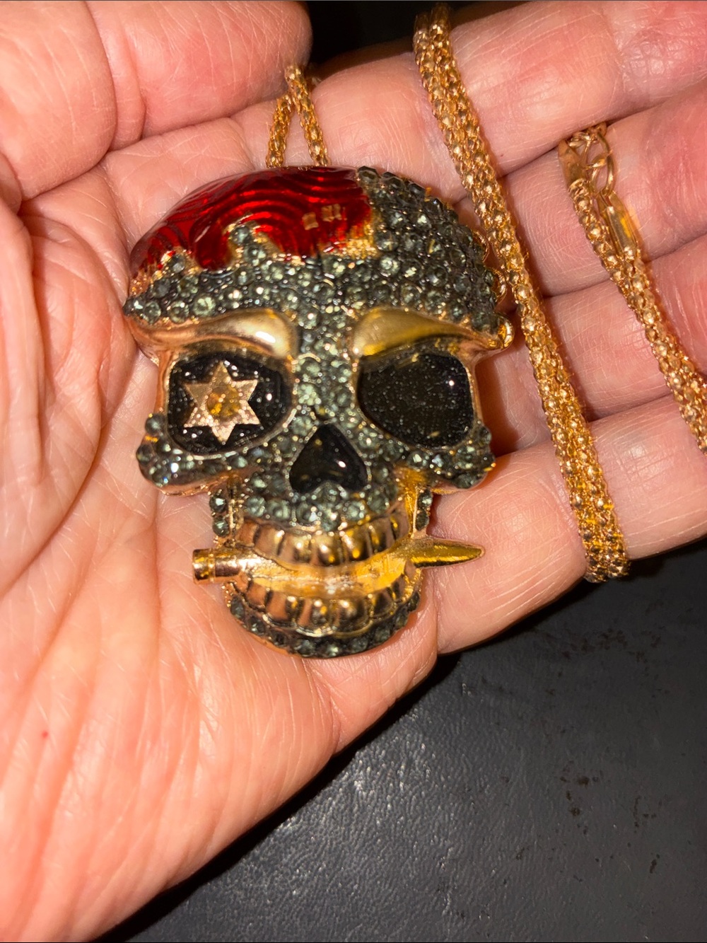Striking Skull Pendant with Red Enamel Detail. Pave Crystals Encrusted on Skull